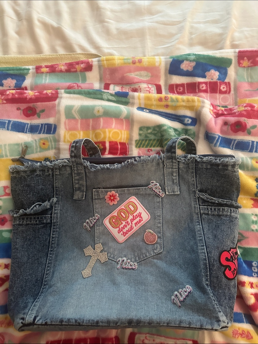 Denim Tote with Notebook & Pink Sequin Sneaker Patch - Picture 7 of 9